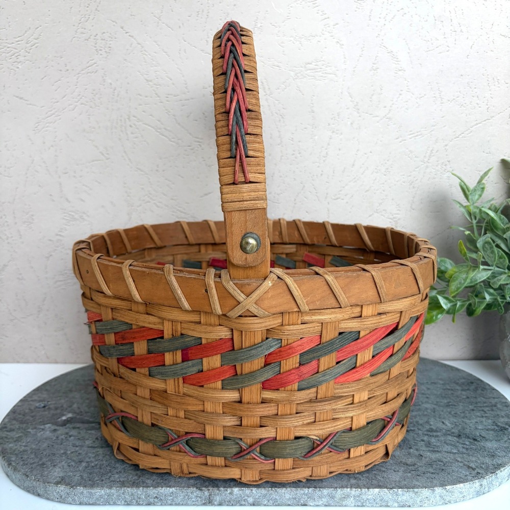 Vintage Style Woven Splint Oval Basket with Handle Red and Green Accents